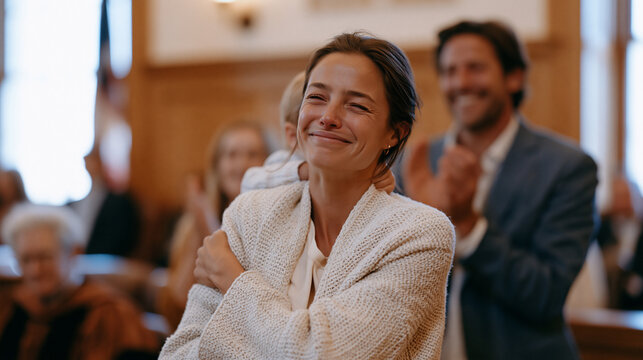 Tearful adoptive mother lifting toddler in family courtroom as adoption finalization judge signs decree, foster care caseworker applauding beside beaming father while bailiff