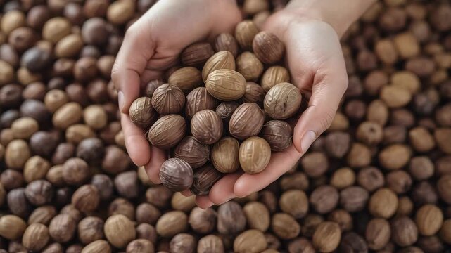 Hands holding handful of whole unshelled pecan nuts over pile of mixed whole nut shells cozy warm