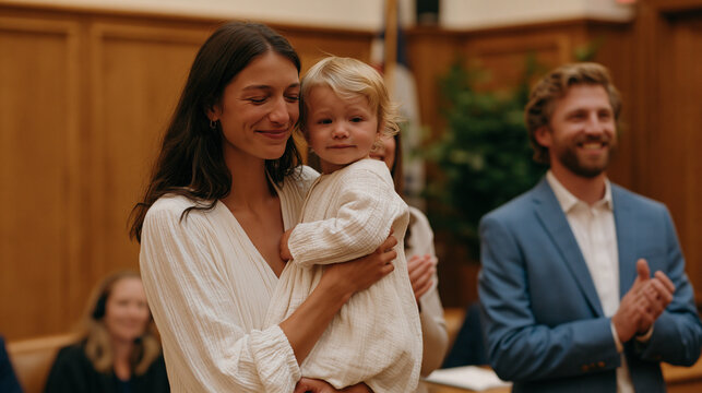 Tearful adoptive mother lifting toddler in family courtroom as adoption finalization judge signs decree, foster care caseworker applauding beside beaming father while bailiff