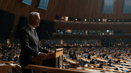 Obraz premium United Nations General Assembly hall during an active session, a delegate speaking at the central podium, rows of national nameplates stretching across the curved assembly floor,