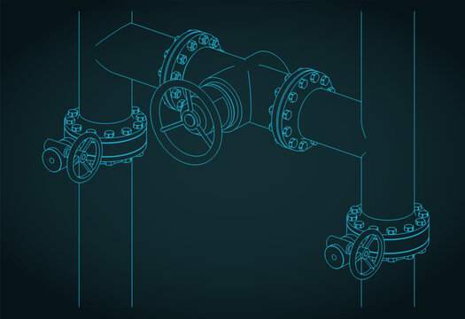 Industrial piping and valves isometric blueprint
