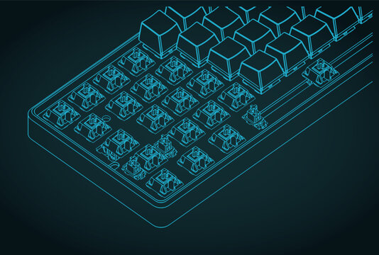 Mechanical keyboard isometric blueprint with partially removed keycaps