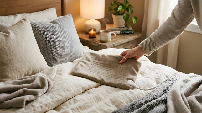 Person placing heating pad on cozy bed with pillows and lamp