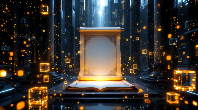 Glowing ancient parchment book illuminated manuscript open book digital particles glowing cubes library hall ornate border mystic atmosphere