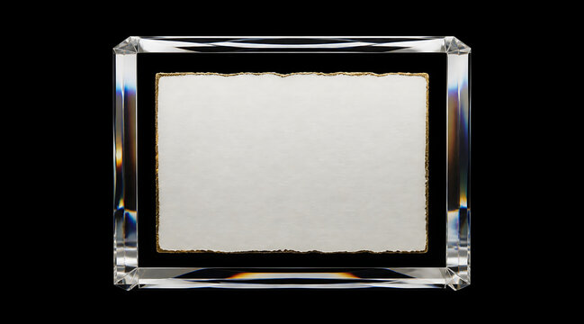 Blank luxury paper with gold deckle edge centered inside rectangular crystal frame black background, elegant minimal presentation and soft lighting