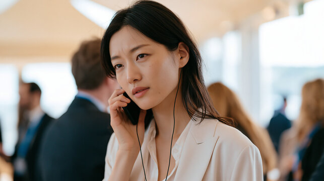 Business interpreter caught in a genuinely awkward candid moment at a multicultural trade summit, one hand pressed to her earpiece and brow furrowed as a translation misfire