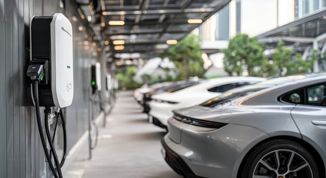 electric vehicle charging station with multiple cars parked nearby in a covered parking lot with nat