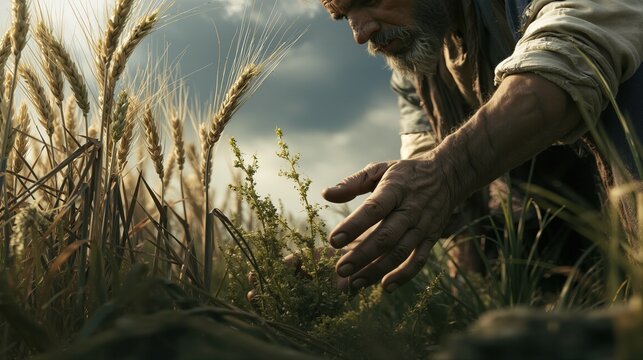 A farmer examining wheat and weeds growing side by side in his field