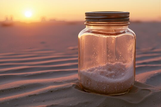 A jar of manna resting on desert sand at sunrise