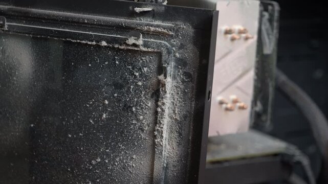 Very dusty computer components inside case. Close-up view revealing the interior of a personal computer case heavily covered in dust and dirt, showing the need for regular cleaning, maintenance