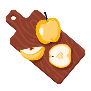 Wooden cutting board with whole and sliced yellow apples. Kitchen accessory vector illustration isolated on white background. Fresh fruit for cooking and healthy food concepts