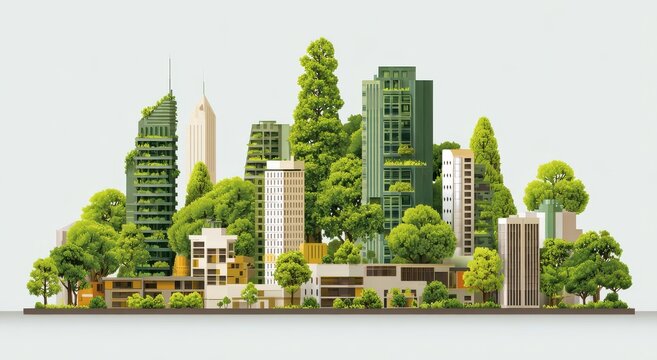 Sustainable urban planning concept with green buildings and trees on a white background for eco frie
