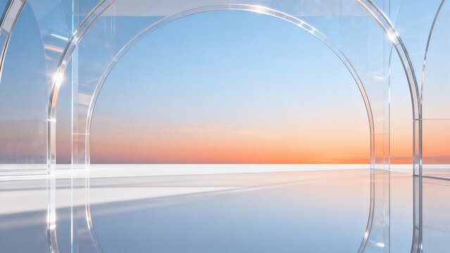 Modern glass arches with sunset view