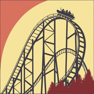 Retro roller coaster silhouette with riders on the track at an amusement park rollercoaster amusement attraction