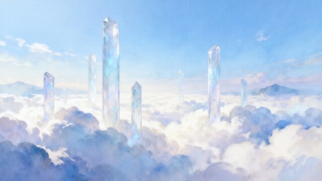 Crystal towers rise above clouds