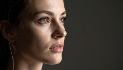 Fototapeta premium Close-up portrait of a woman with natural green eyes and clean skin. Beauty, authenticity, healthy face, pure look, real people, skincare and cosmetic advertising for editorial and commercial use.