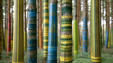 Obraz premium Painted tree trunks with colorful barcode stripes march through a forest, blending nature and modern art to comment on commercialization, data, and environmental contrast