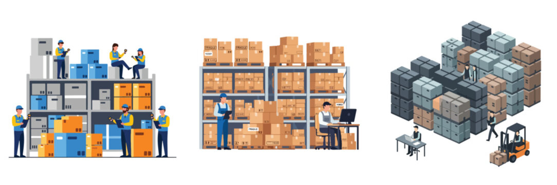Warehouse management and logistics workers organizing stock inventory storage boxes in distribution center flat vector illustrations