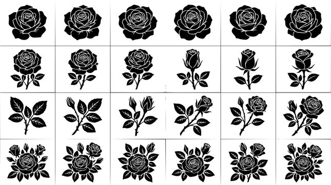 Black rose vector silhouette bundle with floral blooms in grid layout