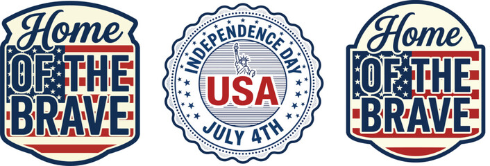 Obraz premium Home of the brave USA patriotic emblems with American flag elements and Independence Day theme, July 4th celebration.