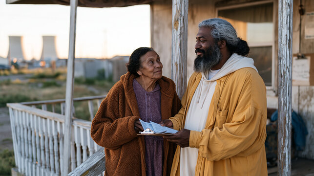 Energy justice community health researcher interviewing elder resident on weathered front porch of poorly insulated home, clipboard holding utility bill copies and health survey