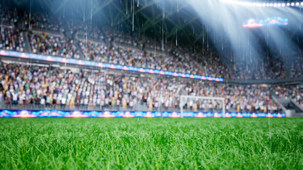 Close up computer graphics of raindrops falling over wet football grass field in stadium.