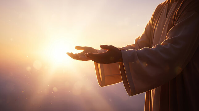 Radiating volumetric dust particles through coarse woven textile sleeves during a golden atmospheric phenomenon with outstretched palms reaching out.