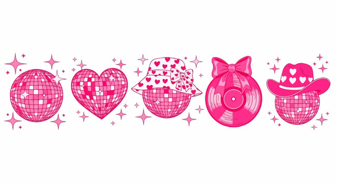 Pink disco icons, shiny music symbols, heart, ball, cowboy hat, party elements, vector graphics