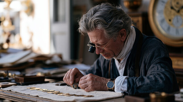 Vintage clock restorer disassembles pocket watch movement under loupe at cluttered estate sale aftermath table, gears laid on chamois in sequence, horology craft, antique