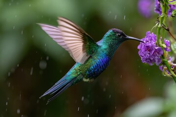 Obraz premium Tiny iridescent bird hovers, sipping nectar from purple flowers in soft rain