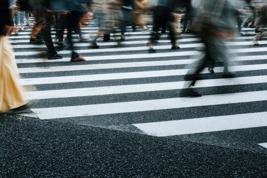 Blurred figures rush across a busy, graphic crosswalk, capturing urban motion