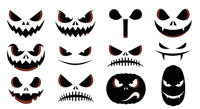 Halloween skull faces, spooky icons, evil eye masks, creepy head graphics