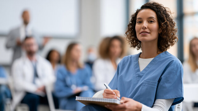 Occupational therapist attends continuing education professional recertification seminar in hospital conference room, spiral notebook open to ethics renewal section, presenter