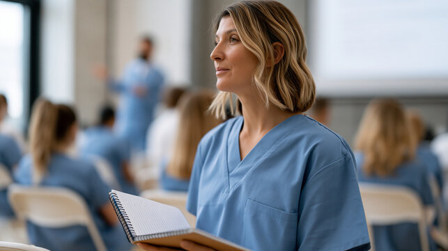 Occupational therapist attends continuing education professional recertification seminar in hospital conference room, spiral notebook open to ethics renewal section, presenter
