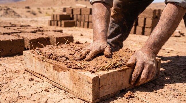 Worker pressing wet mud and straw into a wooden mold to make adobe bricks