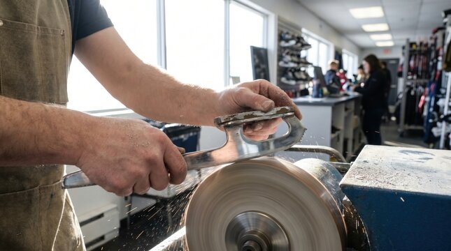 Technician sharpening the steel blade of a hockey skate on a spinning grinding wheel