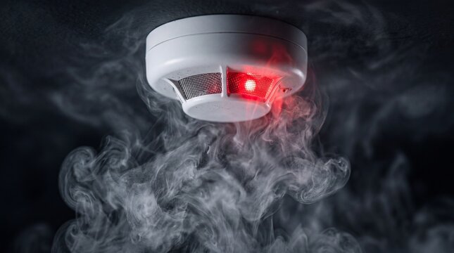 Smoke alarm shows red light while smoke surrounds it in an indoor space during an emergency situation