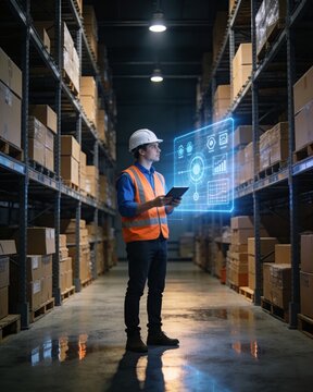 Warehouse worker using a digital inventory management system in a modern distribution center.