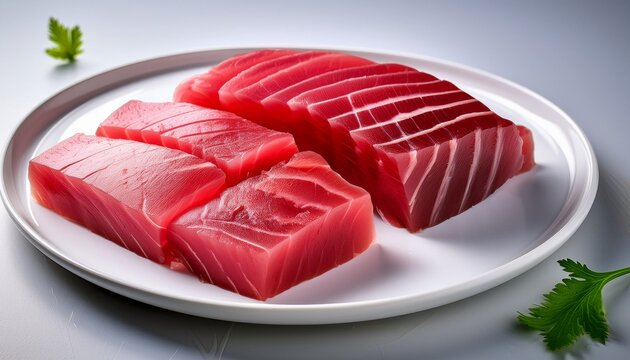 sliced raw tuna with rich red hue and marbled texture on white plate