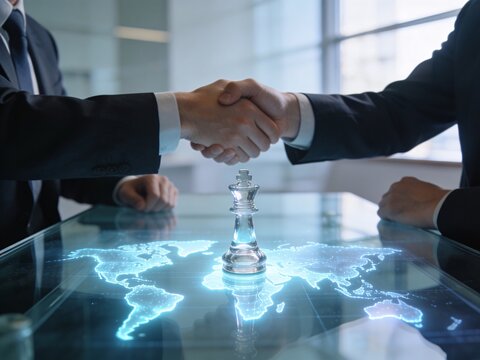 Business handshake symbolizing global partnership and strategic leadership.