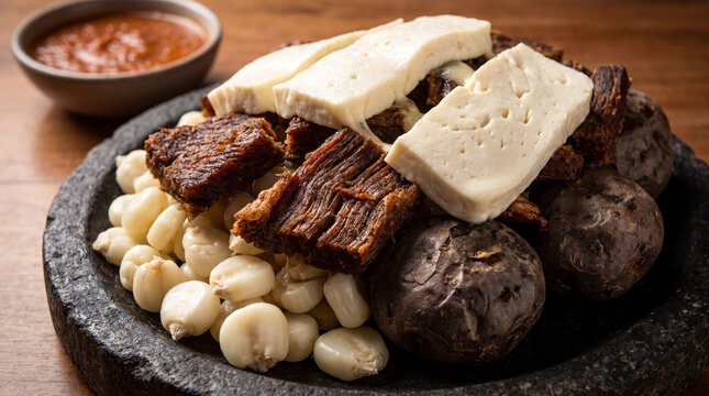 Traditional Charquekan Oruro dish with beef jerky, potatoes, cheese, and corn on rustic wooden board