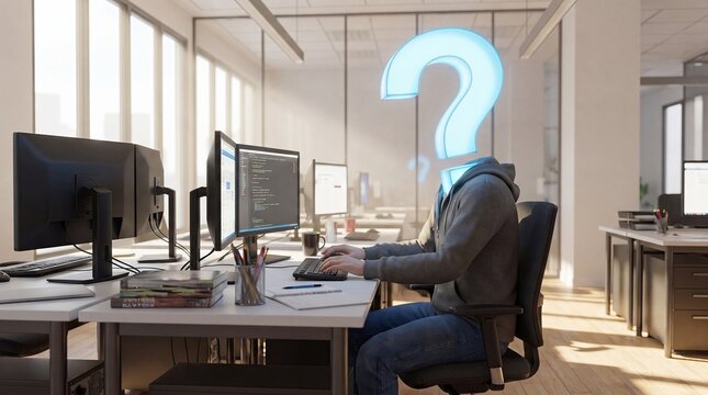 Confused Programmer with Question Mark Head: A programmer sits at a desk in a modern office, their head replaced by a glowing question mark, symbolizing confusion or a challenging coding problem.