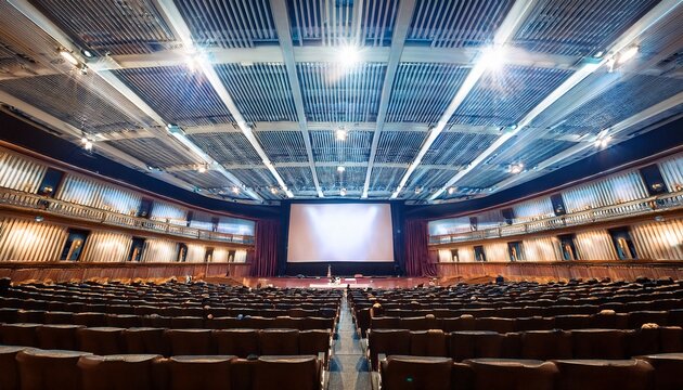 a blurry image of a large auditorium with a projector screen