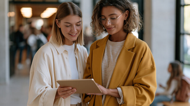 Academic advisor walks returning adult learner through personalized learning path recommendation on tablet in hallway outside registrar office, course map annotations filling