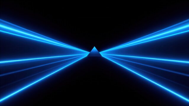 Blue neon light beams converging on pyramid