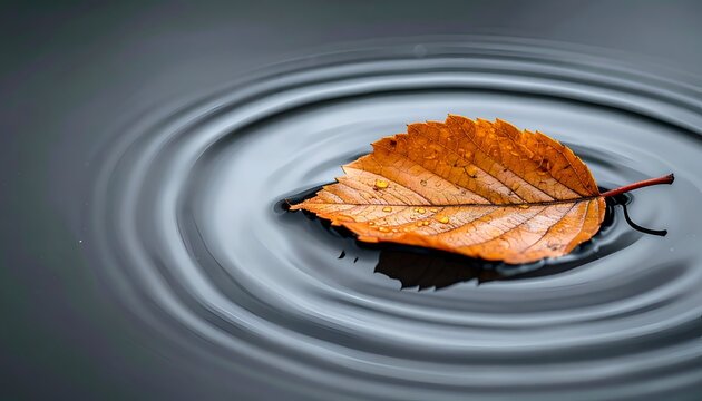 A vibrant orange leaf floats atop dark water, creating concentric ripples