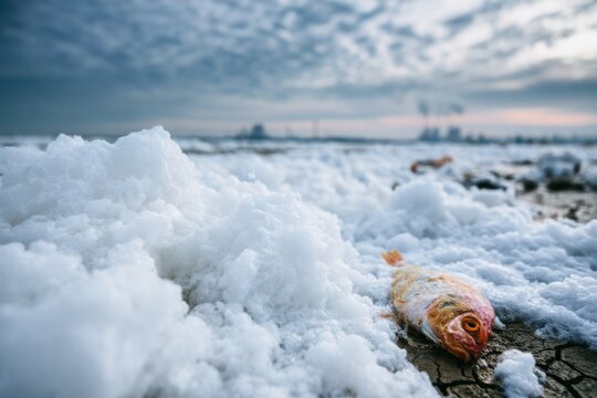 Coastal pollution, white foam and chemical scum flowing next to dead fish on dry cracked mud, factories in the distance, environmental disaster concept, wildlife protection theme. High quality photo