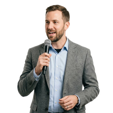 Man in formal suit jacket holding a microphone on a transparent background PNG image