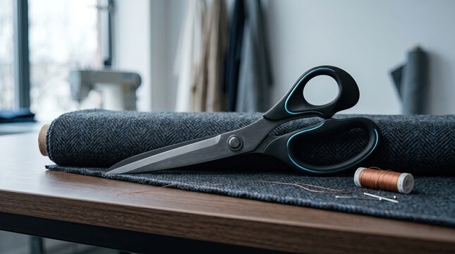 Tailor's Tools: A sharp pair of tailor's scissors rests on a roll of dark fabric, alongside a spool of copper thread and pins, on a wooden table, hinting at a creative sewing or tailoring endeavor.