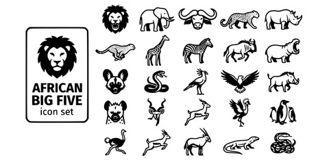 Obraz premium African Big Five Savanna Animals Bold Line Icons-Lion Elephant Cape Buffalo Leopard Rhino Cheetah Giraffe Zebra Wildebeest Hippo-25 African Wildlife Icon Set Vector